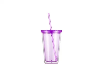 16oz/473ml Double Wall Clear Plastic Tumbler with Straw &amp; Lid (Light Purple)