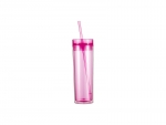 16oz/473ml Double Wall Clear Plastic Skinny Tumbler with Straw &amp; Lid (Rose Red)