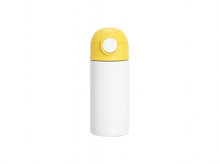 12oz/360ml White Sublimation Kids Stainless Steel Water Bottle with Plastic Straw &amp; Yellow Cap