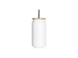 Taza de lata de acero inoxidable de doble pared de 15 oz / 450 ml con tapa de bambú (blanco)