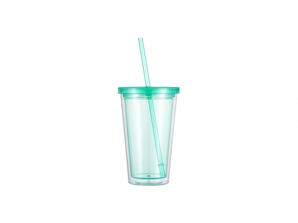 16oz/473ml Double Wall Clear Plastic Tumbler with Straw &amp; Lid (Light Green)