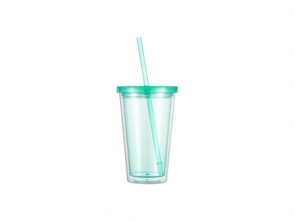16oz/473ml Double Wall Clear Plastic Tumbler with Straw &amp; Lid (Light Green)