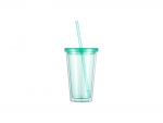 16oz/473ml Double Wall Clear Plastic Tumbler with Straw &amp; Lid (Light Green)