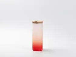 Botella Cristal Skinny 17oz/500ml con Tapa de Bambú y Pajita (Escarchado, Rojo Degradado)