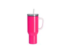 Tumbler de Aço Inoxidável 40oz/1200ml Fluorescente Rosado para Viagem com Tampa e Canudo(Alça Branca 3D)