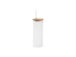 Botella Cristal Skinny 17oz/500ml con Tapa de Bambú y Pajita (Escarchado)