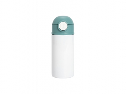 12oz/360ml White Sublimation Kids Stainless Steel Water Bottle with Plastic Straw &amp; Green Cap