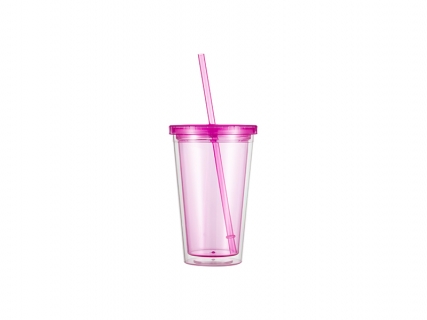 16oz/473ml Double Wall Clear Plastic Tumbler with Straw &amp; Lid (Rose Red)