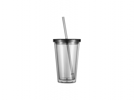 16oz/473ml Double Wall Clear Plastic Tumbler with Straw &amp; Lid (Light Gray)