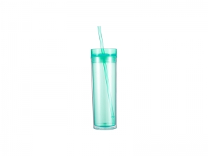 16oz/473ml Double Wall Clear Plastic Skinny Tumbler with Straw &amp; Lid (Light Green)
