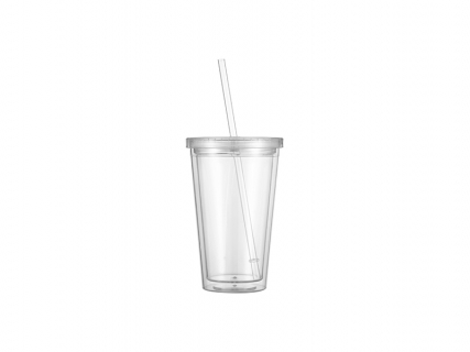 16oz/473ml Double Wall Clear Plastic Tumbler with Straw &amp; Lid (Clear)