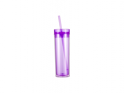 16oz/473ml Double Wall Clear Plastic Skinny Tumbler with Straw &amp; Lid (Light Purple)
