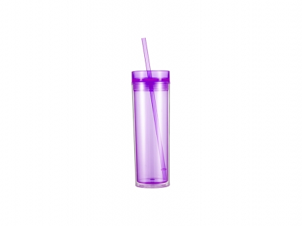 16oz/473ml Double Wall Clear Plastic Skinny Tumbler with Straw &amp; Lid (Light Purple)