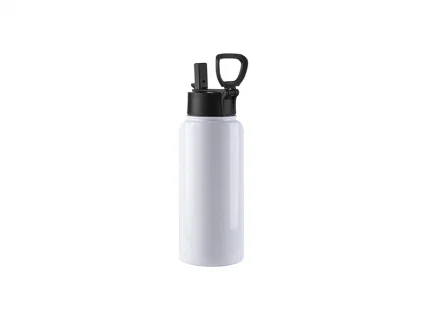 32oz/950ml Sublimation Blank Stainless Steel Water Bottles with Wide Mouth Straw Lid &amp; Rotating Handle (White)
