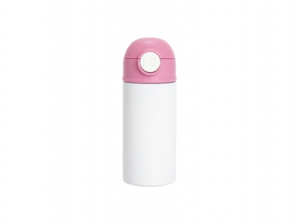 12oz/360ml White Sublimation Kids Stainless Steel Water Bottle with Plastic Straw &amp; Pink Cap