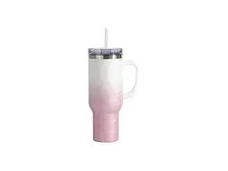 Vaso de viaje de acero inoxidable Puffy Cloud con mango blanco de 40 oz / 1200 ml con tapa y pajita (blanco y rosa degradados)