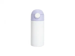 12oz/360ml White Sublimation Kids Stainless Steel Water Bottle with Plastic Straw &amp; Purple Cap